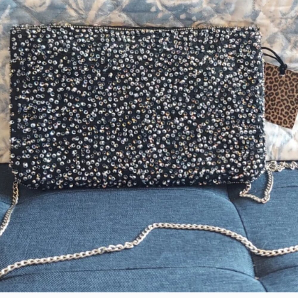 CLEMENTS RIBEIRO BEADED BLACK Flower Sequence Crossbody - Picture 4 of 8